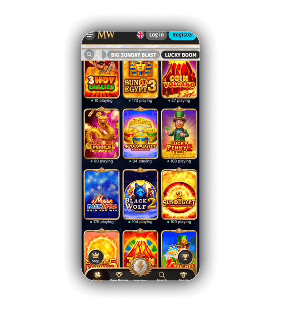 Πλέγμα φρουτακιών MythosWin με τις καρτέλες BIG SUNDAY BLAST και LUCKY BOOM