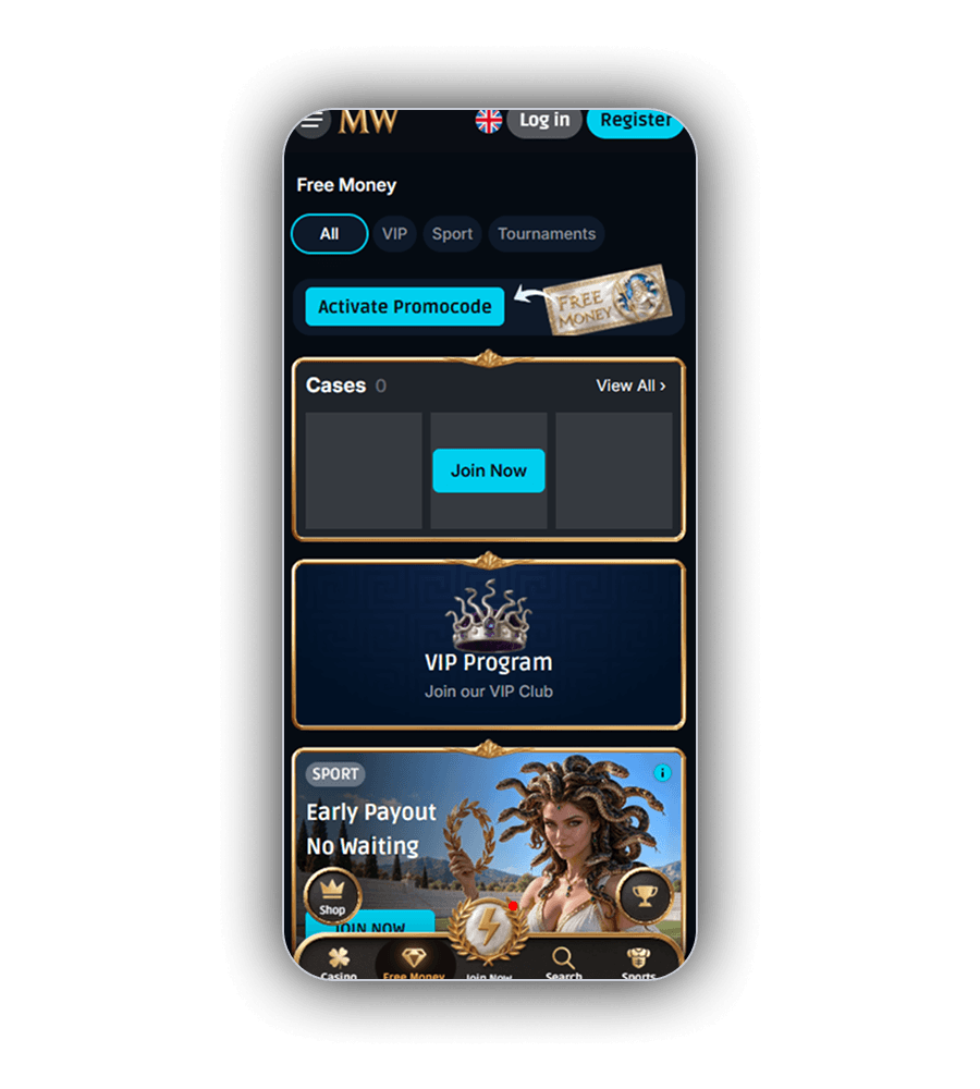Σελίδα προσφορών Free Money του MythosWin με Cases, VIP Program και Early Payout